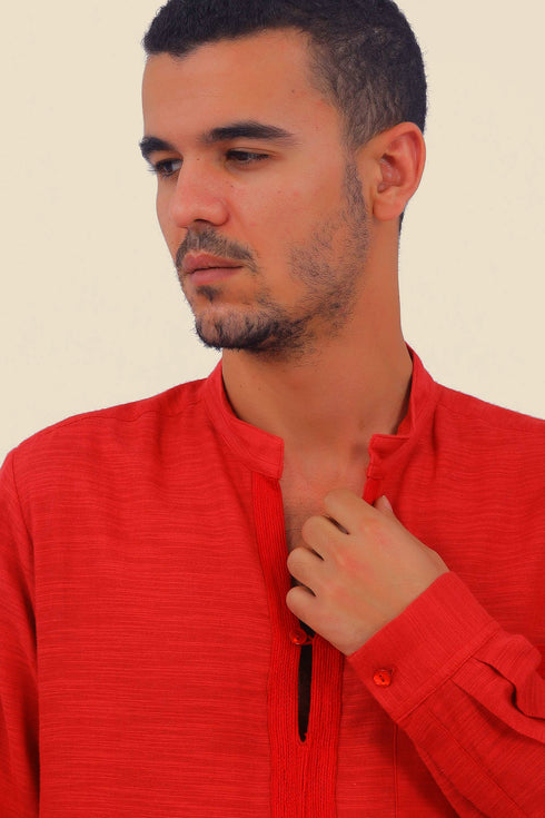 Shirt in cotton slub with high collar with slit